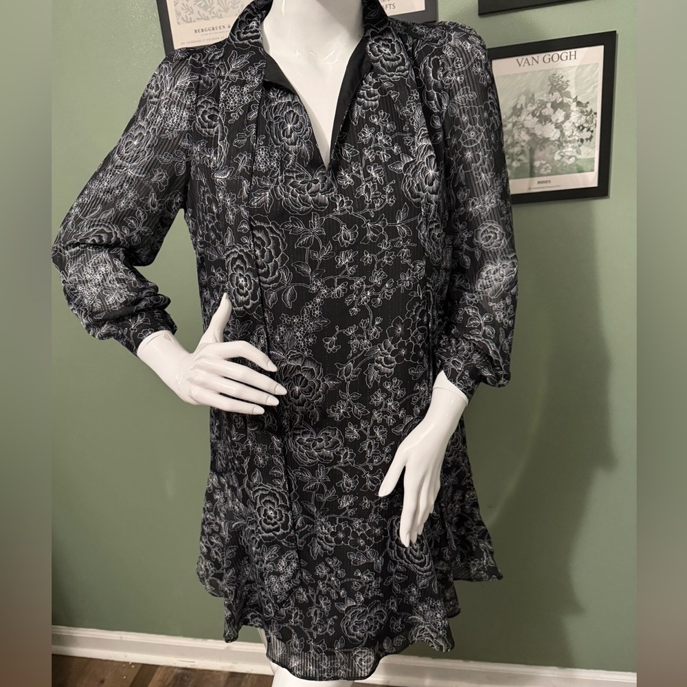 LOFT Black Floral Long-Sleeve Shift Dress NWT Size SP